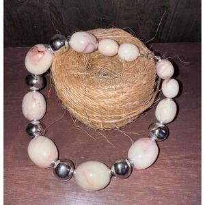 Vintage Chunky Statement Beaded Necklace Pink Swirl Silver Tone Beads